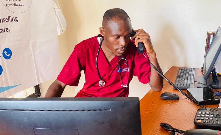 A Teamwork Homecare Services Medic (in red shirt) follows up on a patient's progress through calling to ensure they are getting the best treatment options available